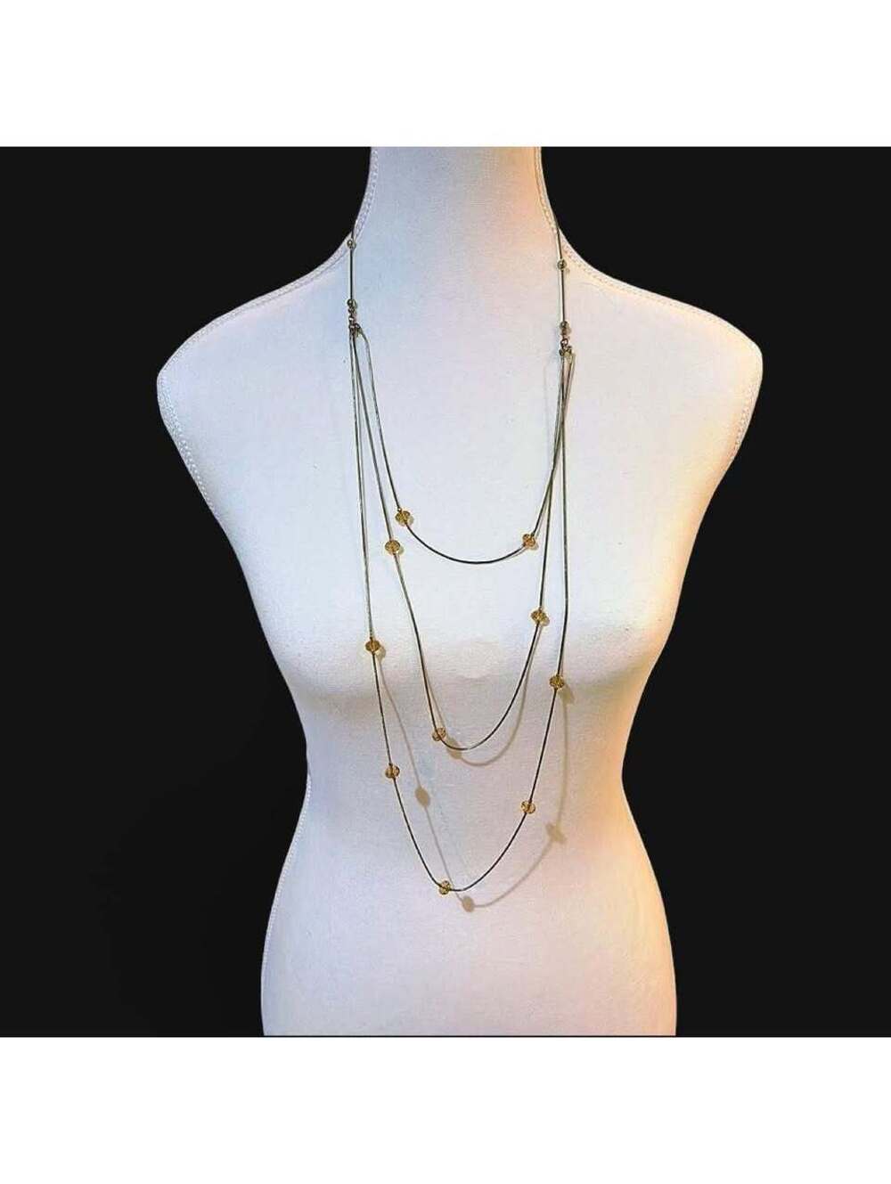 Silver-Tone 3-Layer Snake Chain Necklace with Amber Beads
